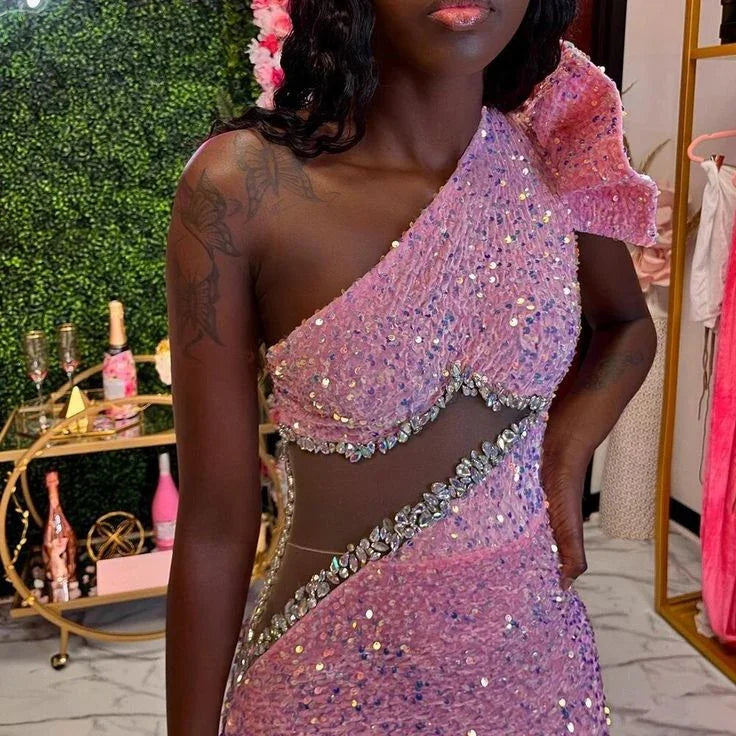 Pink Beaded Sequins Evening Dress One Shoulder Mermaid Prom Dress Y6681