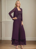 Separates Jumpsuit/Pantsuit Square Ankle-Length Lace Chiffon Mother of the Bride Dress With Sequins