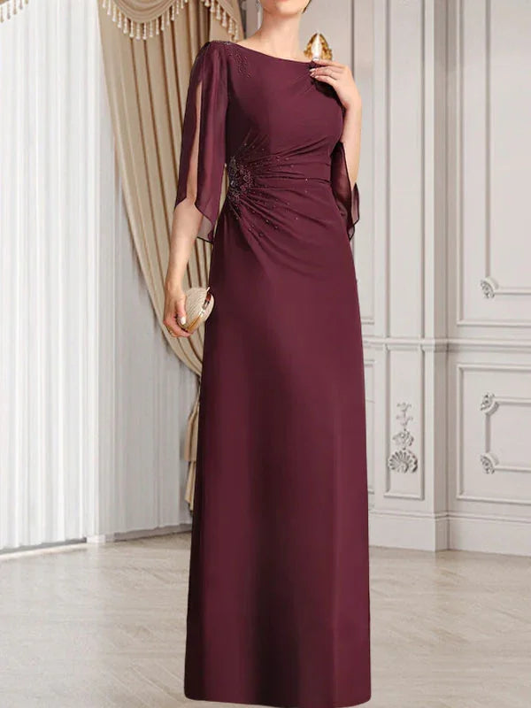Sheath/Column Scoop Floor-Length Chiffon Mother of the Bride Dress With Pleated Beading