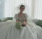 Regal Puff-Sleeve Crystal Ball Gown Wedding Dress with Oversized Back Bow & Cathedral Train