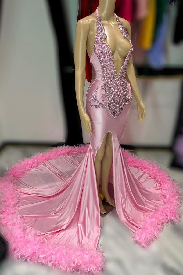 Sexy Pink Feathered Deep V Neck Prom Dress with Appliques and Slit