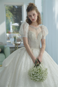 Regal Puff-Sleeve Crystal Ball Gown Wedding Dress with Oversized Back Bow & Cathedral Train