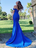 Simple Backless Royal Blue Off-the-Shoulder Mermaid Prom Gown