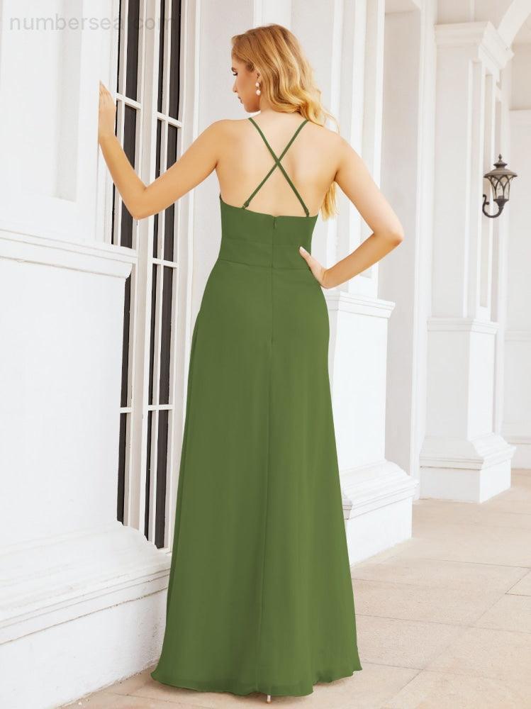 Halter Bridesmaid Dresses with Pockets Sleeveless Formal Evening Party Prom Gowns  28055