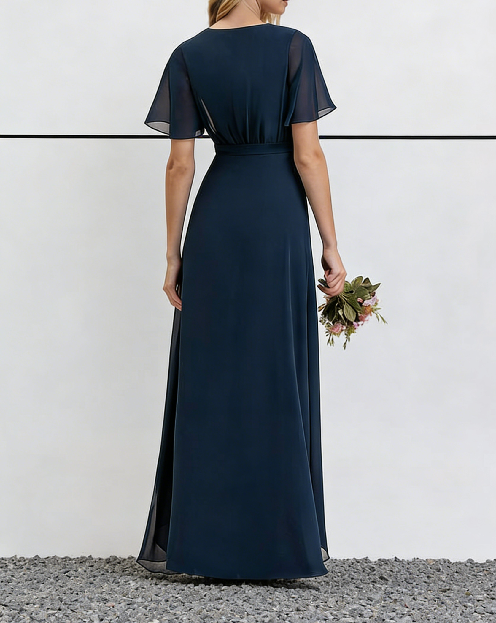 Navy Blue Chiffon V-Neck Maxi Dress with Flutter Sleeves & High-Low Hem
