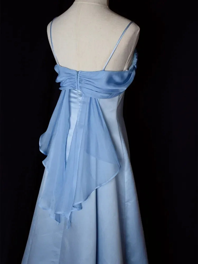 Elegant Blue Satin Spaghetti Straps Evening Gown A Line Long Party Dress Prom Dress Y7557