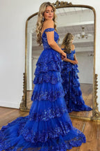 Sparkly Tiered Lace Tulle Prom Dresses Long 2025 Spaghetti Straps Formal Corset Evening Gown with Slit