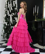 Strapless Corset Prom Dresses for Women 2025 Long Tiered Ruffle Chiffon Formal Evening Gown with Slit