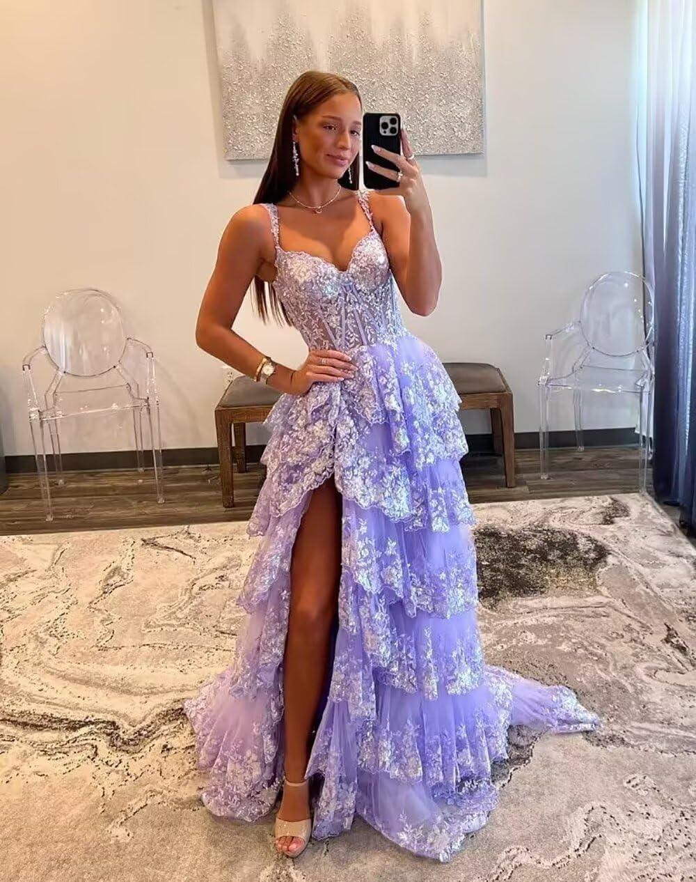 Sparkly Tiered Lace Tulle Prom Dresses Long 2025 Spaghetti Straps Formal Corset Evening Gown with Slit