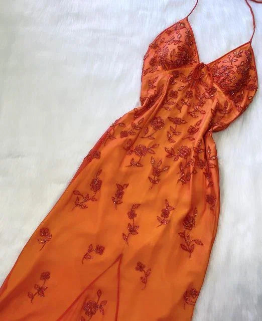 Beautiful Orange Straps Beaded Long Prom Dress Evening Dress Y7506