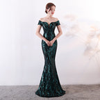 Off the Shoulder Sequined Evening Dress: Long Fish Tail, Slim Fit