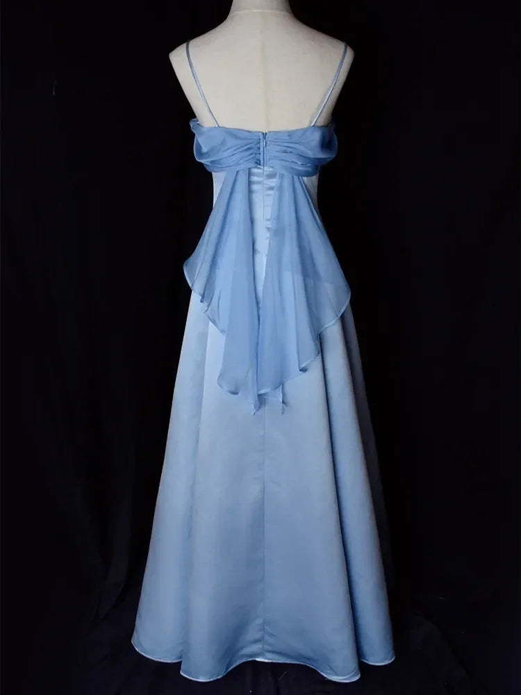 Elegant Blue Satin Spaghetti Straps Evening Gown A Line Long Party Dress Prom Dress Y7557