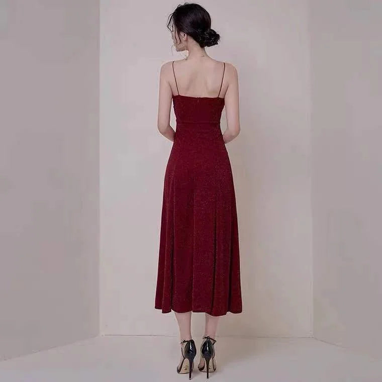 Wine red party dress spaghetti straps evening dress high slit prom dress backless formal dress custom made Y1140