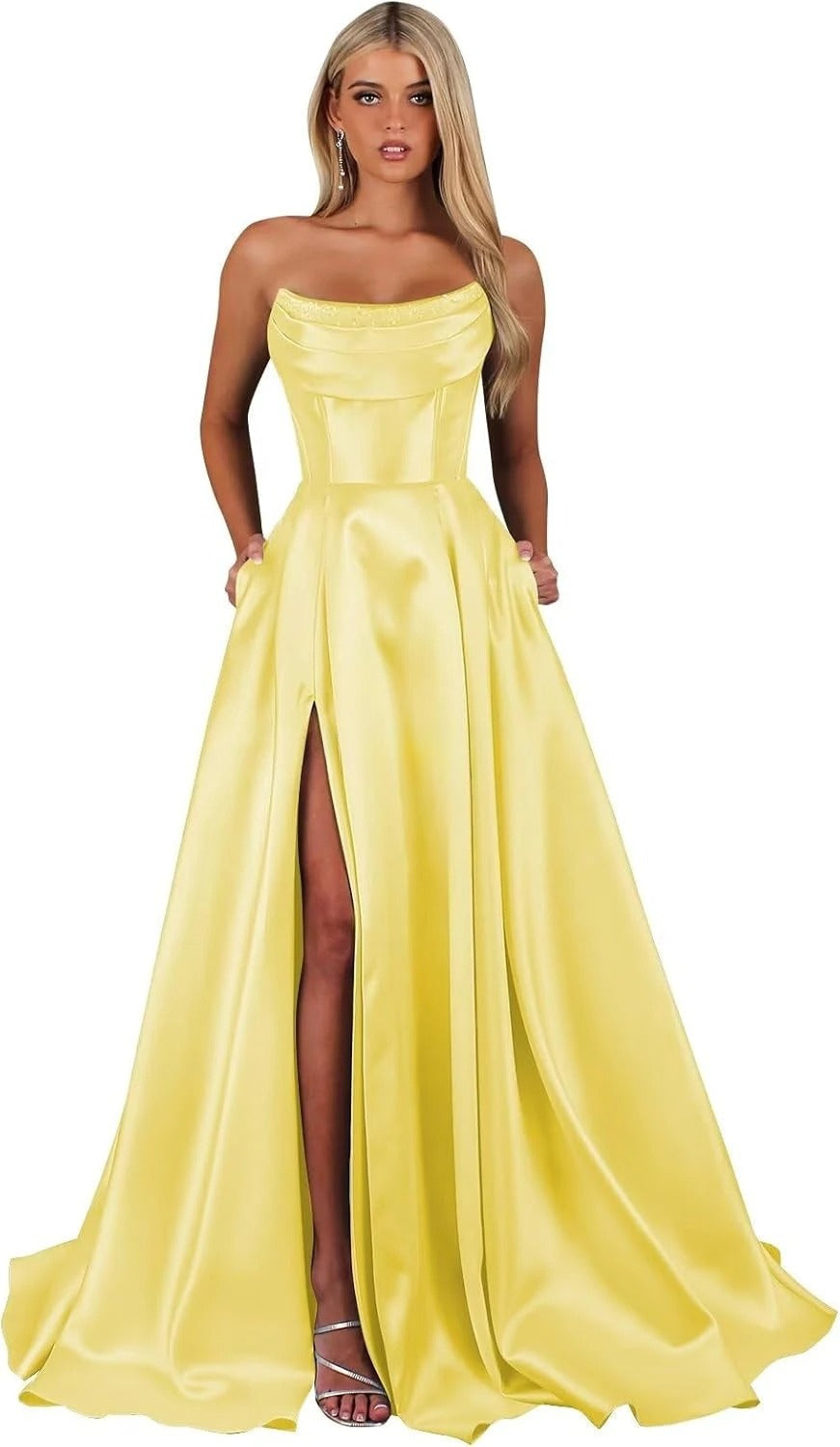 Strapless Corset Prom Dresses for Women with Slit Long Satin Formal Evening Gowns with Pockets Elegant Sleeveless Party Dress