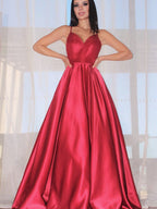 Long A-line Spaghetti Straps Satin Backless Prom Dresses with Pockets