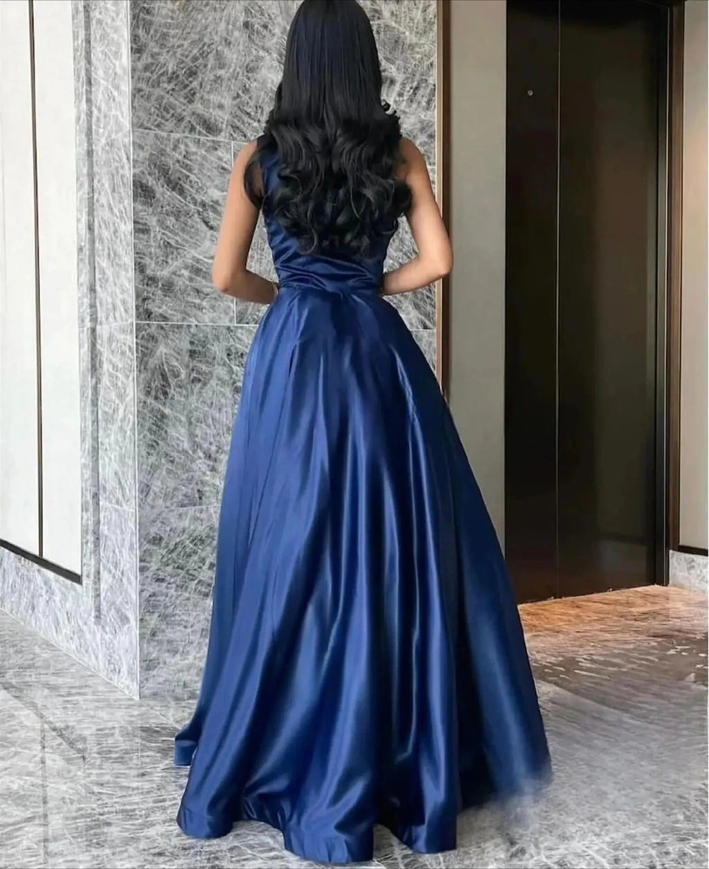 Luxury Woman Women's Evening Dress Dark Blue Satin Glitter Trim Line A Graduation Dresses Party Elegant Prom Wedding Customized