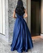 Luxury Woman Women's Evening Dress Dark Blue Satin Glitter Trim Line A Graduation Dresses Party Elegant Prom Wedding Customized