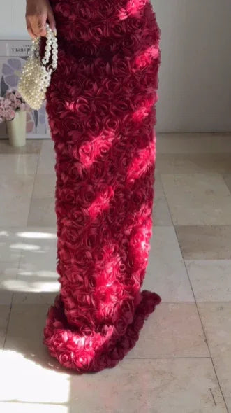 Gorgeous Deep V Burgundy Rose Flowers Sheath Long Prom Dress Evening Dress Y8504