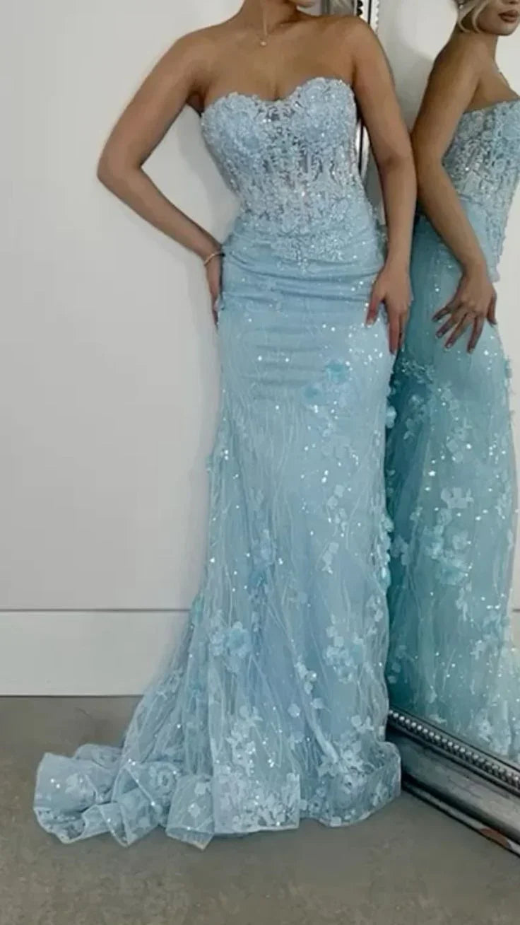 Sparkly Blue Mermaid Tulle Appliques Evening Gown Formal Prom Dress Y7871