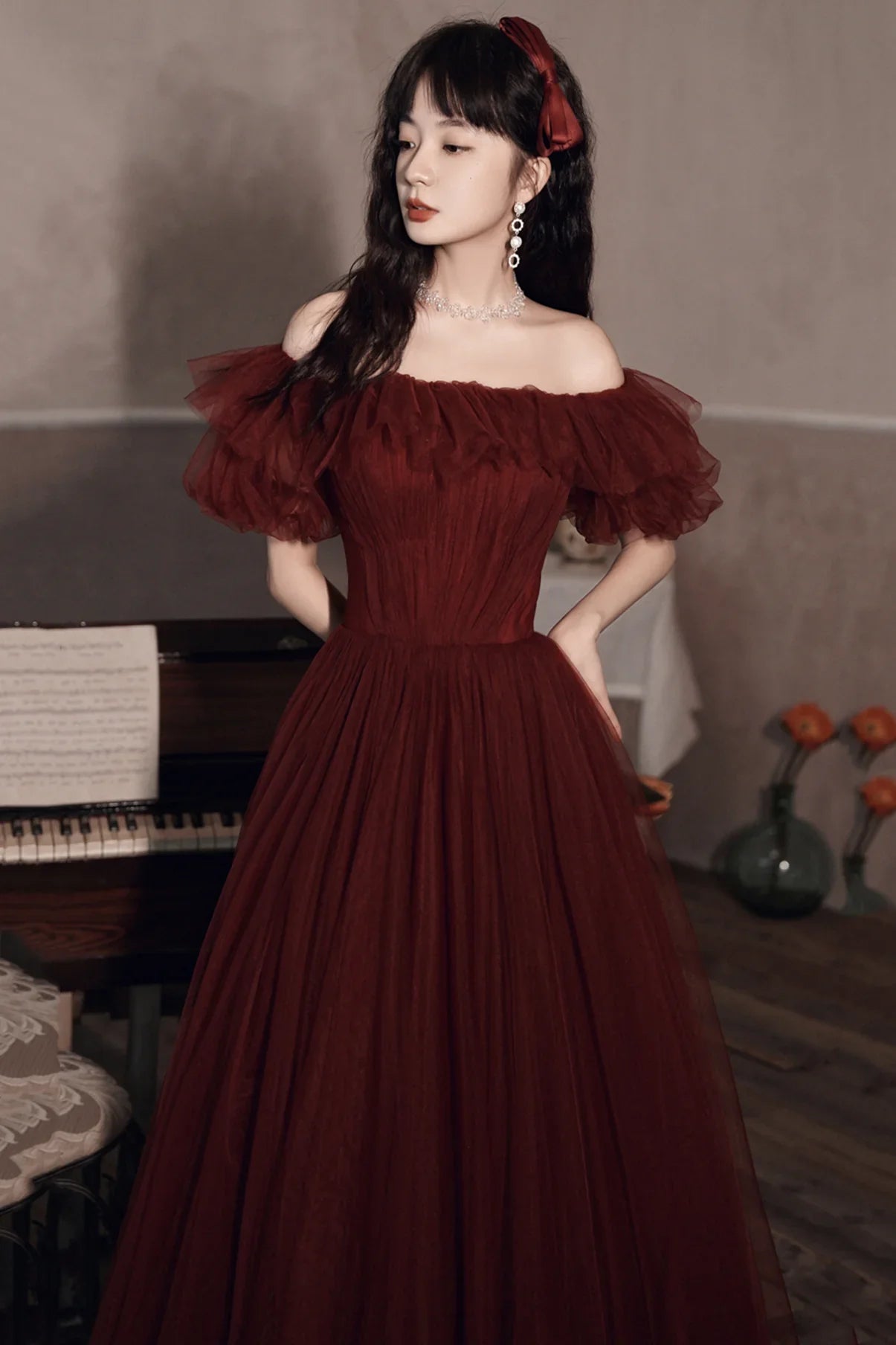 Burgundy Off The Shoulder Tulle Line Prom Dress Evening Dress Y8351