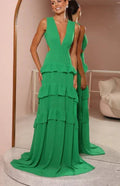 Emerald Green Deep V Neck Layered Ruffles Evening Dress Backless Long Prom Dress Y8386