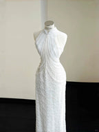 Classy White  Sequins Pearls Chain Sheath Long Prom Dress Evening Dress Y8670