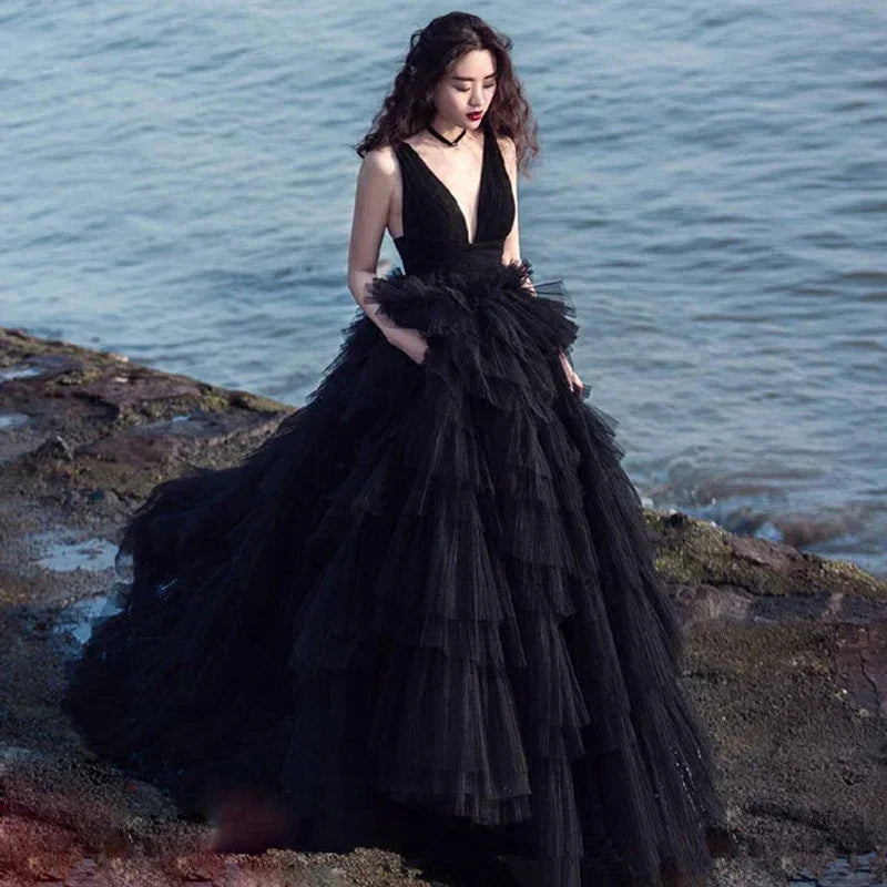Stunning Gothic Backless Bridal Dress With Tulle Tiered Ball Gown Y76