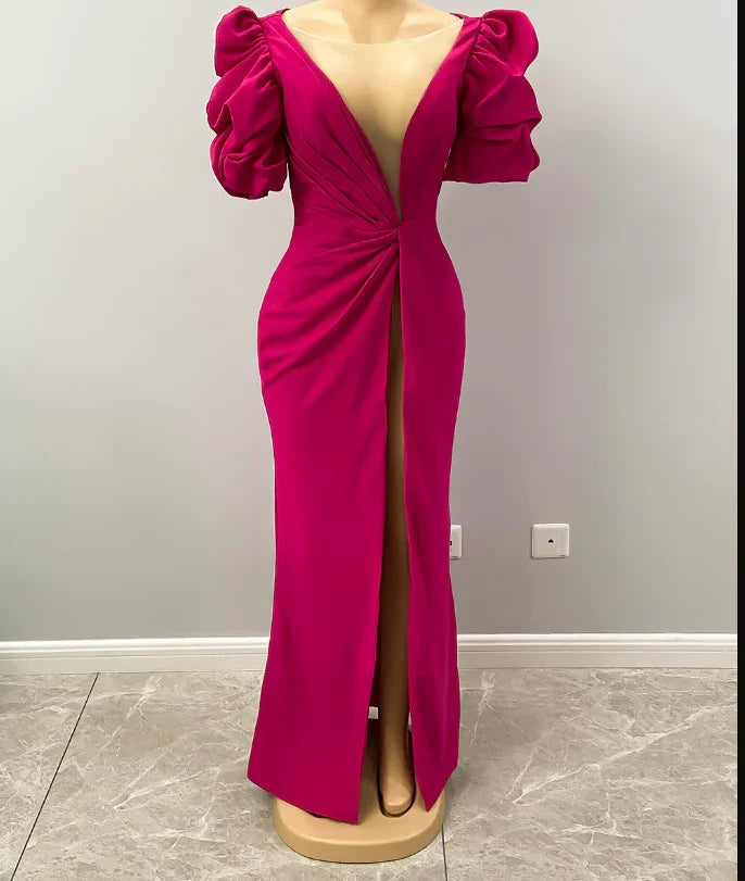 High Split Mermaid Long Evening Dress Hot Pink African Party Dress Y1900