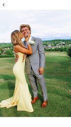 Elegant Light Yellow Mermaid Prom Dress With Train Light Yellow Evening Dress Y5319