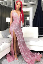 Sequins Pink Prom Dresses Cheap | Mermaid Sexy Slit Formal Evening Gowns Long Y978