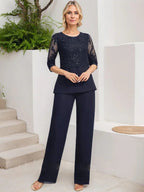 Jumpsuit/Pantsuit Separates Scoop Floor-Length Chiffon Lace Mother of the Bride Dress With Sequins
