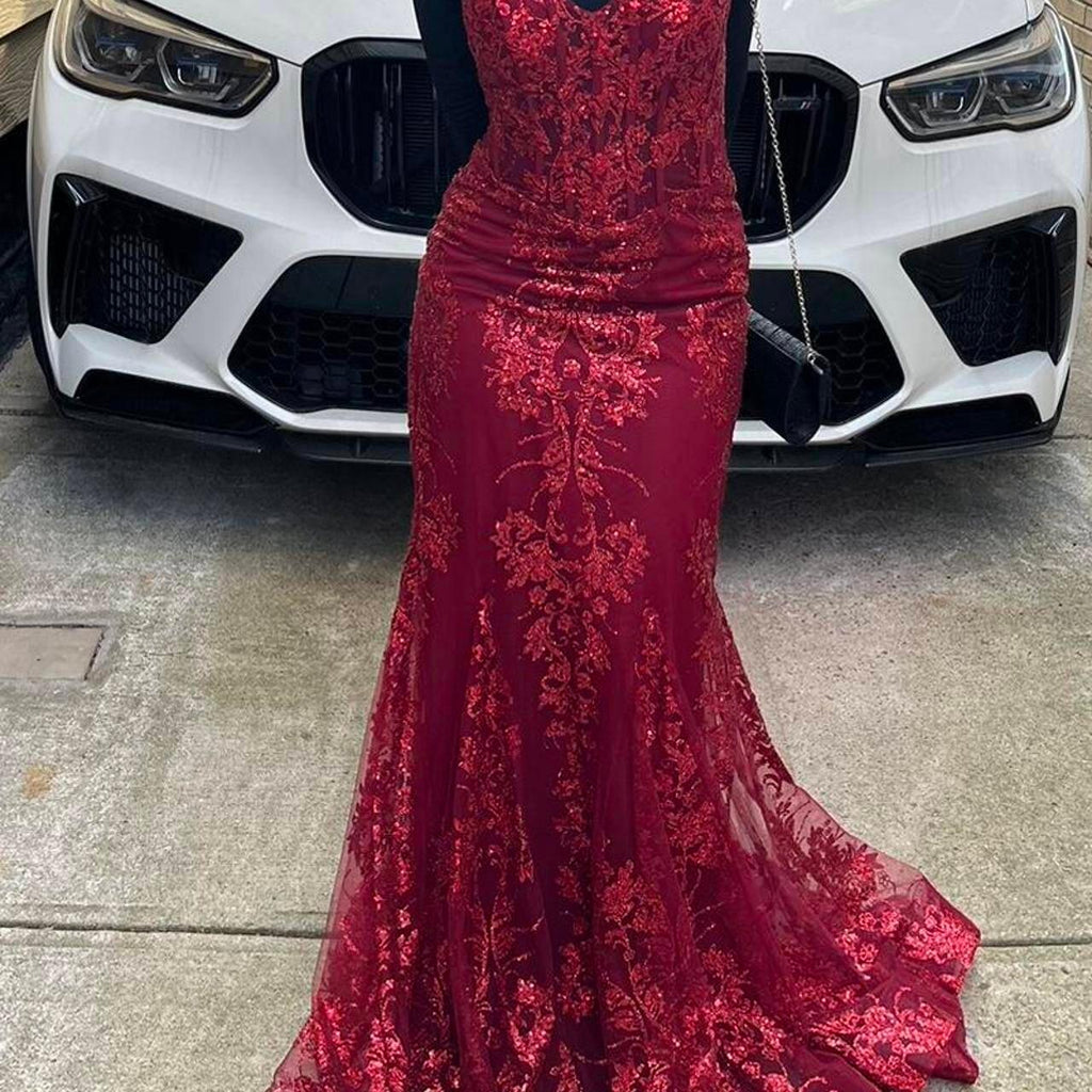 Charming Red Mermaid Lace Appliques Prom Dress,Evening Dress Winter Dance Dress Y4345
