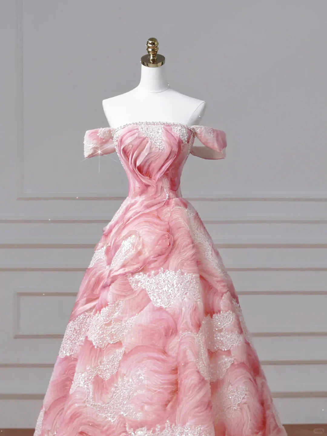 Dream Pink Strapless Satin Print Sequins Prom Dress Princess Birthday Ball Gown Y8604