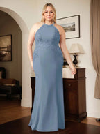 Dusty Blue Sheath Halter Long Mother of Bride Dress With Appliques