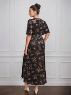 Vintage Plain V-Neck Short Sleeves Velvet Tea-Length Mother of the Bride Dress With Slit