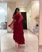 Women's Sequin Prom Dress Chiffon Tiered Burgundy Evening Dress Y7616