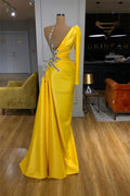 Yellow Mermaid Long One Shoulder Satin Prom Dress with Sleeves