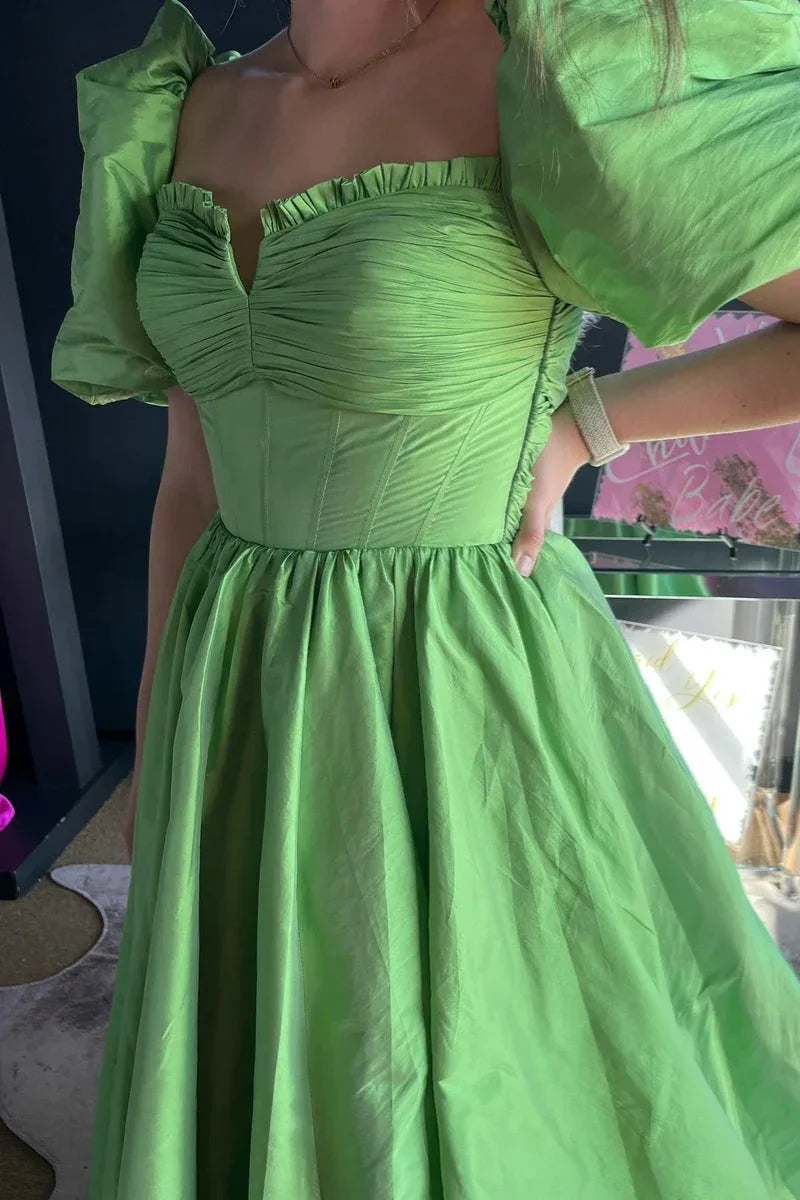 Lynette | Square Neck Fuchsia Puff Sleeves A-Line Prom Dress