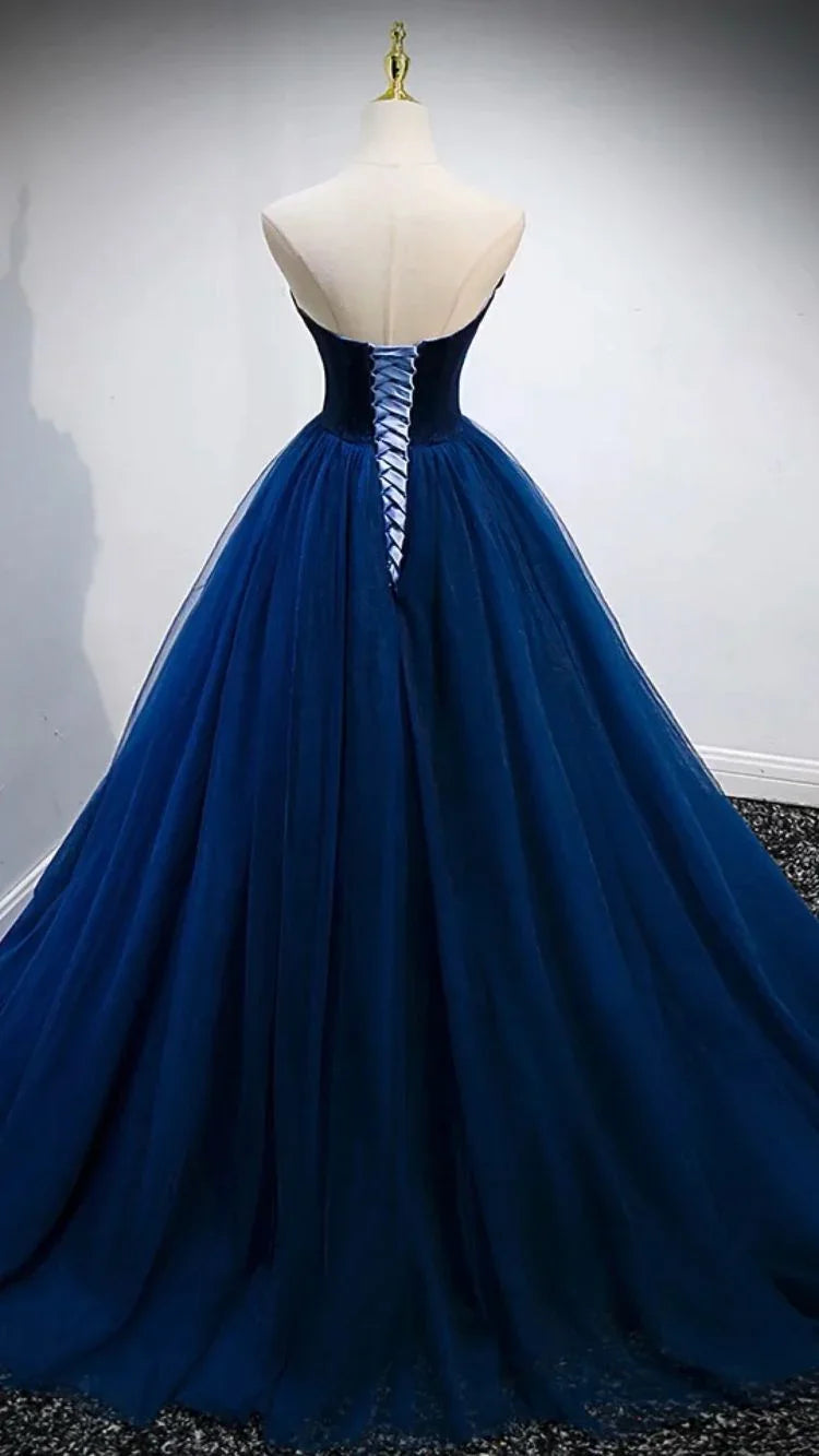 Strapless Blue A-line Prom Dress Elegant Evening Gown Y839