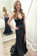 V Neck Satin Mermaid Long Prom Dresses with Slit