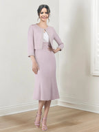 Sheath/Column V-Neck Tea-Length Mother of the Bride Dresses
