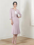 Sheath/Column V-Neck Tea-Length Mother of the Bride Dresses