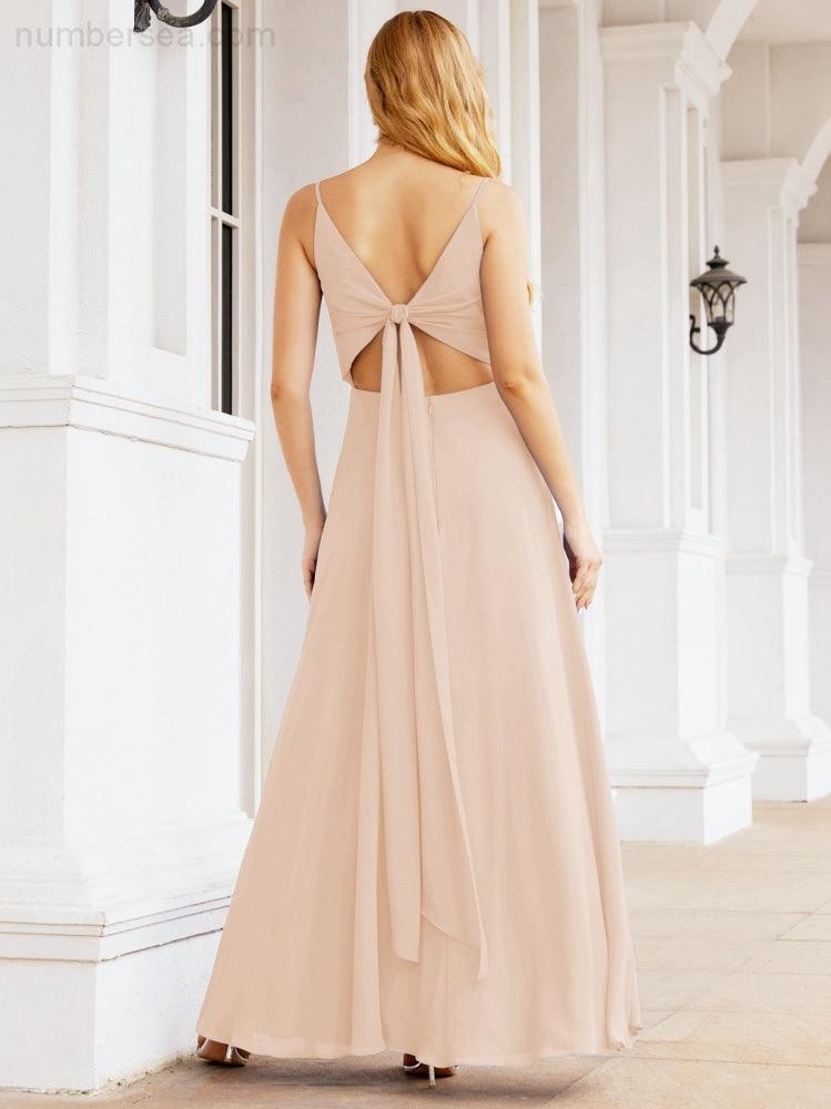 Spaghetti Strap Bridesmaid Dresses V Neck Butterfly Back Fromal Evening Party Prom Gown 28036