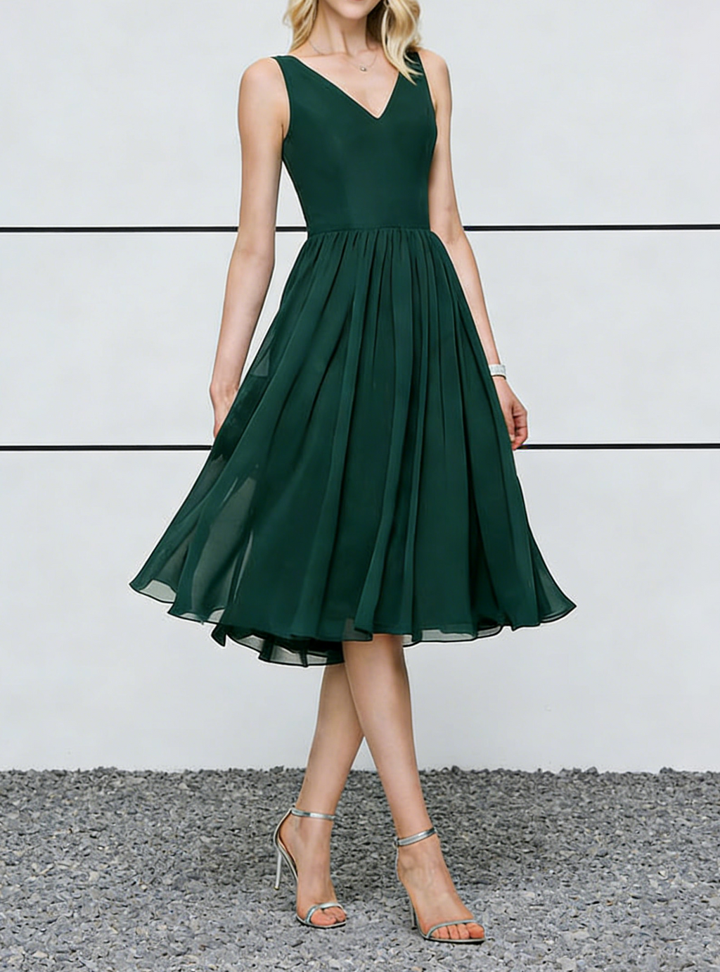 Emerald Green Chiffon V-Neck Midi Dress with Pleated Skirt & V-Back