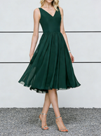 Emerald Green Chiffon V-Neck Midi Dress with Pleated Skirt & V-Back