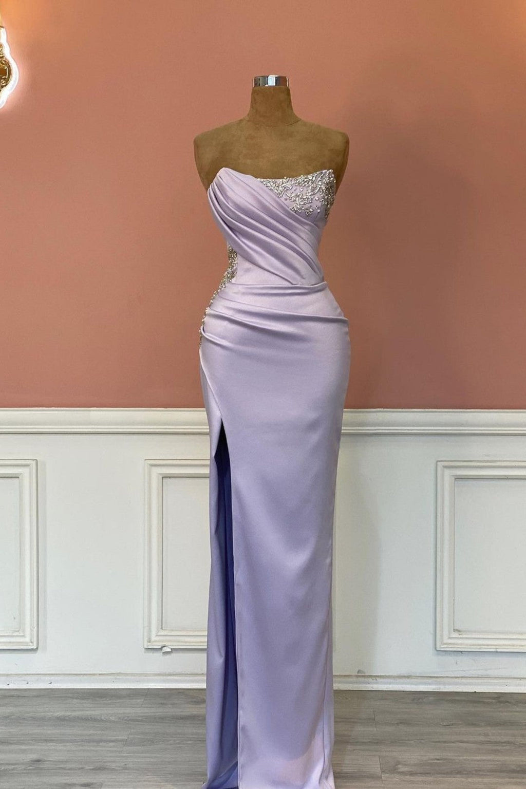 Split Front Strapless Mermaid Draped Long Prom Dress