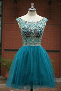 Green Beaded Tulle Scoop Neckline A Line Homecoming Dresses for Girls