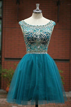 Green Beaded Tulle Scoop Neckline A Line Homecoming Dresses for Girls