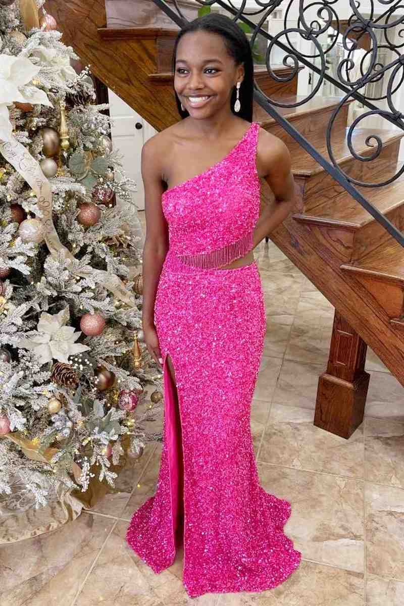 Two Piece Sequined One Shoulder Long Party Dress with Tassel