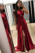 Red Wine Halter Neck Mermaid Prom Dress with Slit and Ruffles